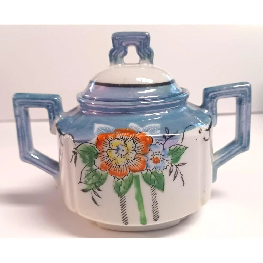 Vintage Japanese Lusterware Covered Sugar Bowl Hand Painted Orange Floral Blue
